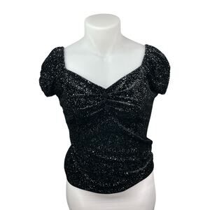 NEW Collectif Black Glitter Velvet Velour Short Sleeve Shirt Blouse Top Size 12